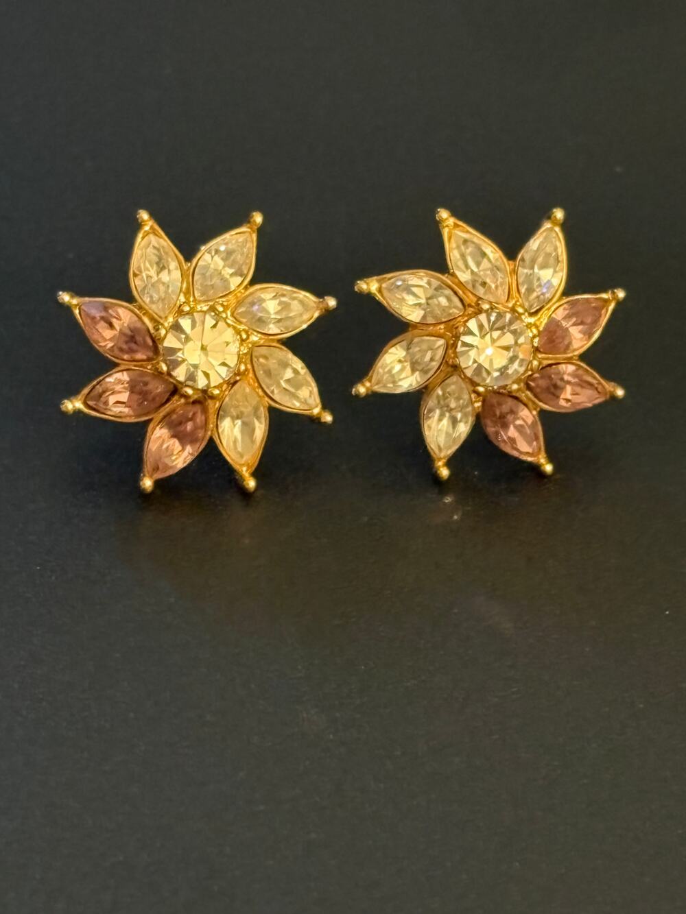 Vintage Monet Rhinestone Flower Starburst Earrings Gold Tone Pierced